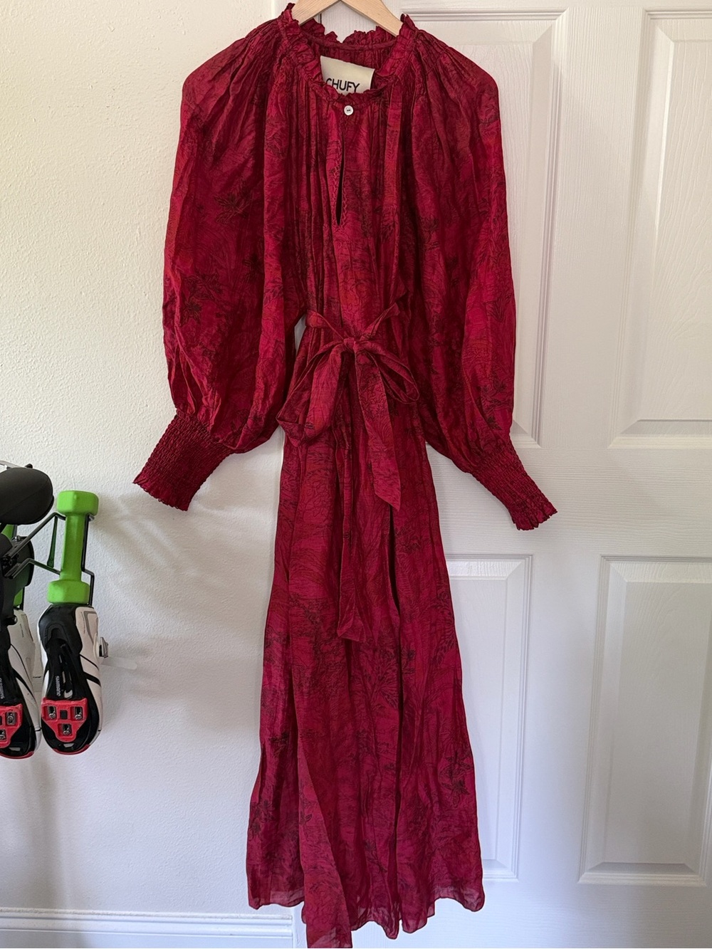 CHUFY Burgundy Floral Cotton/Silk Ruffle Smocked Boho Dress, Fits a Small/Medium